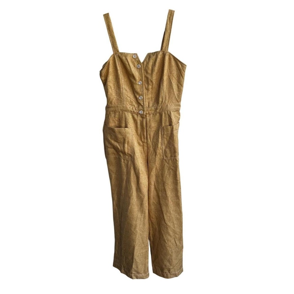Moon River Mustard Yellow Herringbone Wide Leg Jumpsuit Button Front Size L